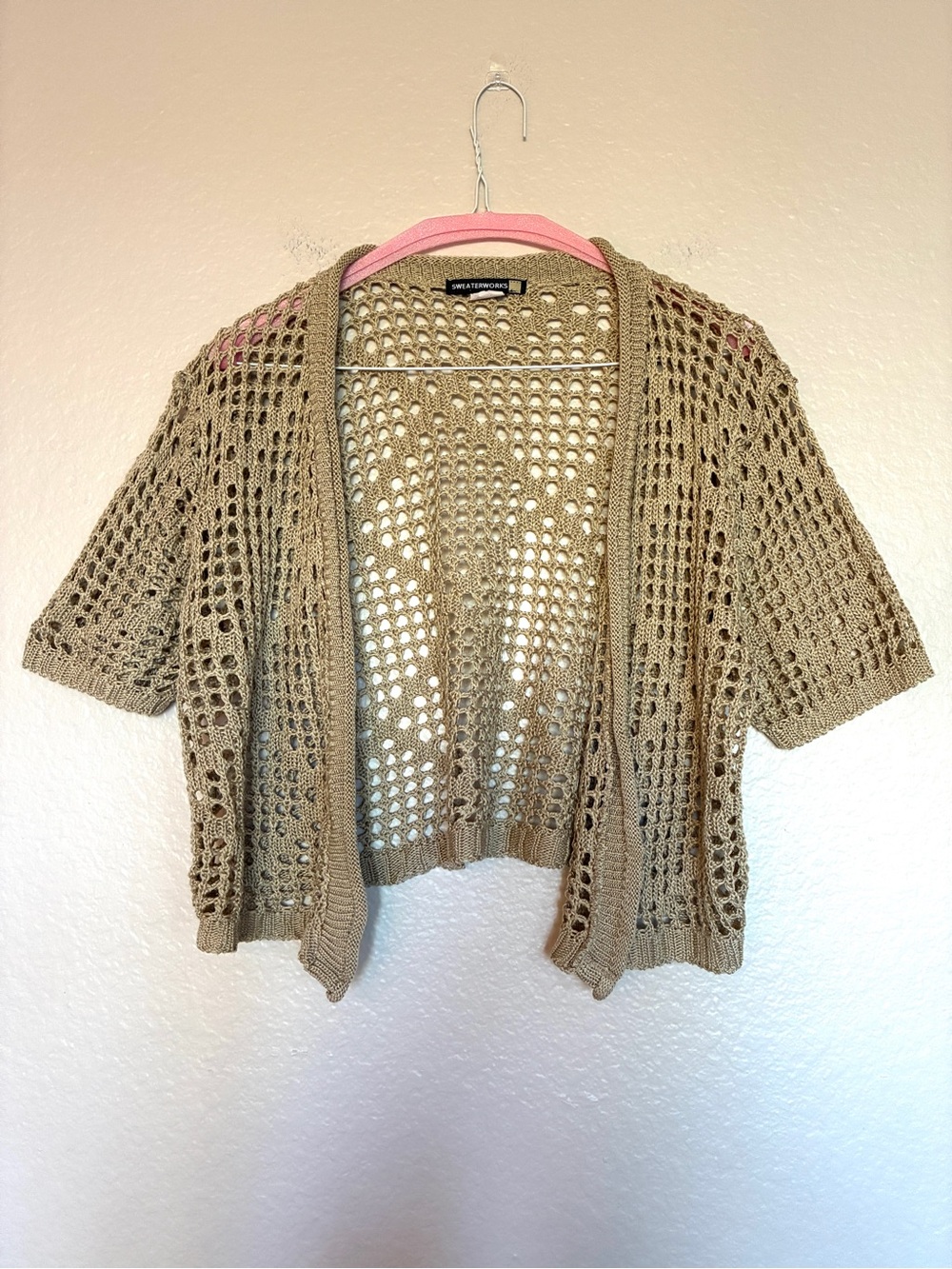 VTG Sweaterworks Open-Knit Short Sleeve Cardigan Taupe Festival Coachella Y2K